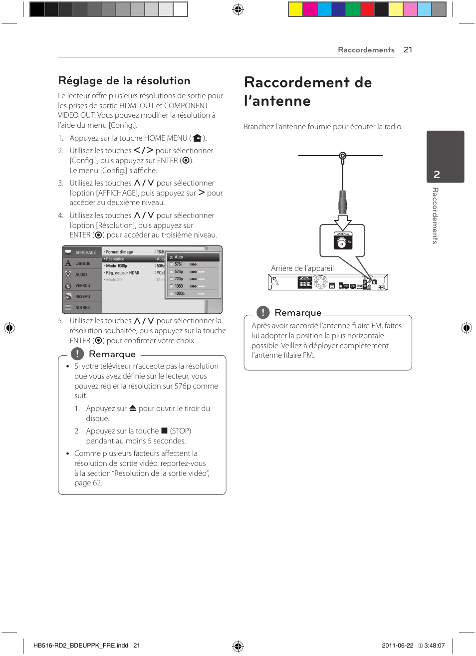 21 – réglage de la résolution 21, Raccordement de l’antenne, Réglage de la résolution | Pioneer BCS-HW919 User Manual | Page 87 / 412