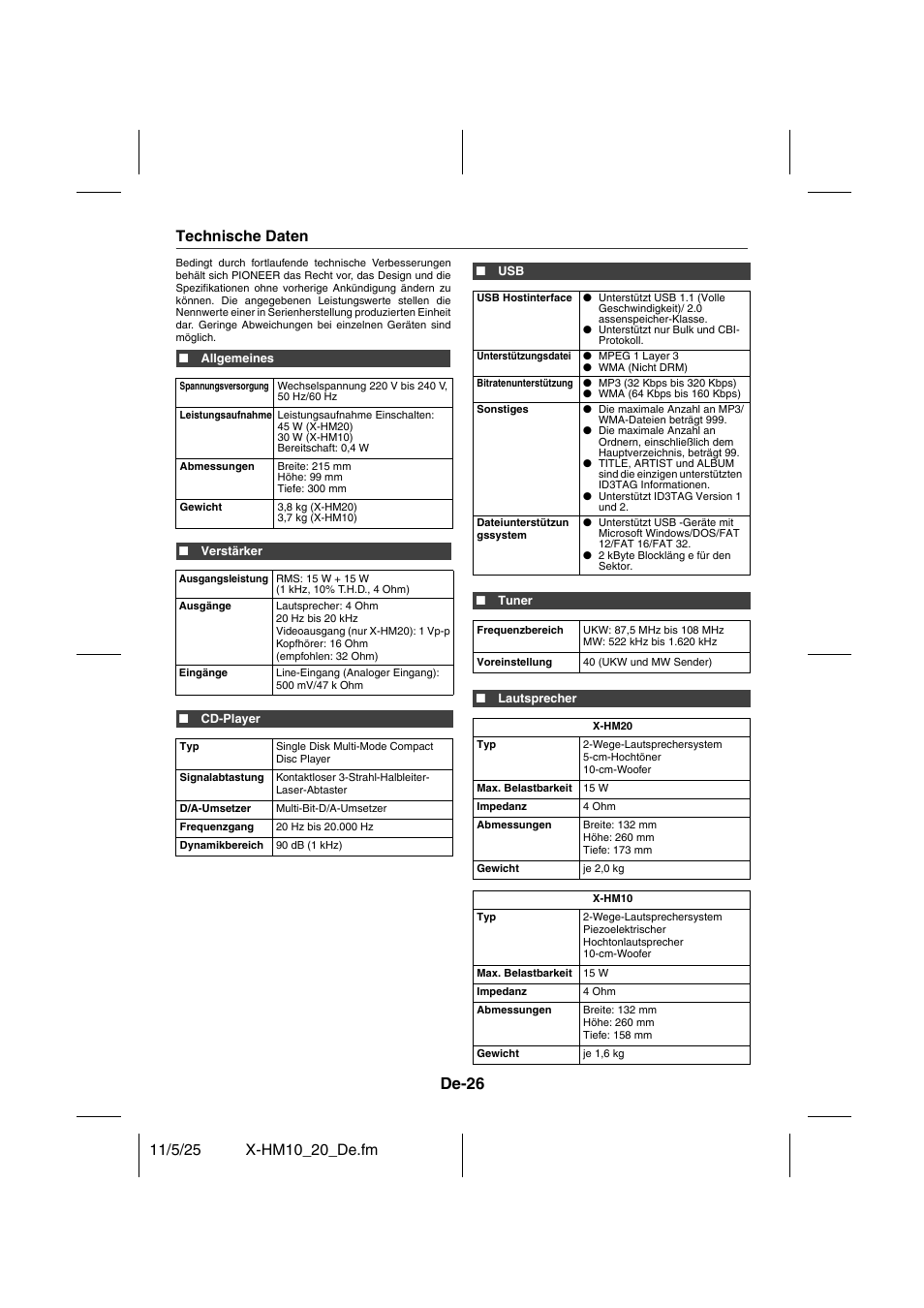 Technische daten, De-26 | Pioneer X-HM10-S User Manual | Page 104 / 184
