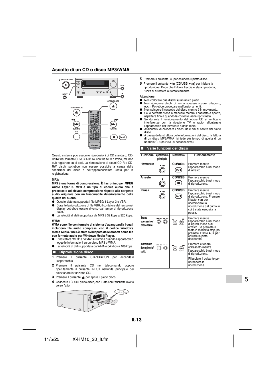 Riproduzione di un cd o disco mp3/wma, Ascolto di un cd o disco mp3/wma, It-13 | Pioneer X-HM10-S User Manual | Page 117 / 184