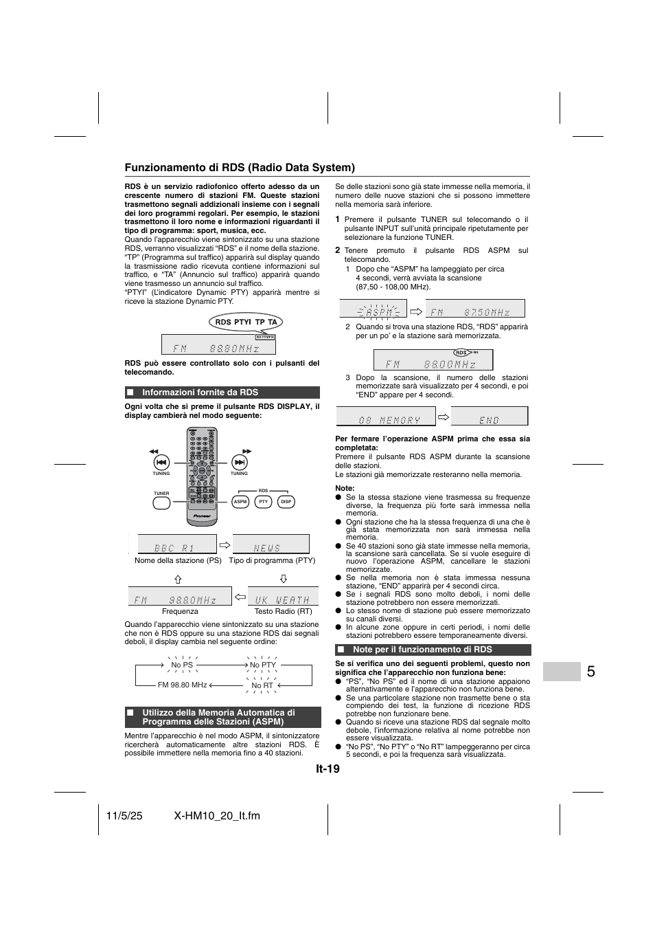 Caratteristiche d’avanguardia, Funzionamento di rds (radio data system) - 21, It-19 | Pioneer X-HM10-S User Manual | Page 123 / 184