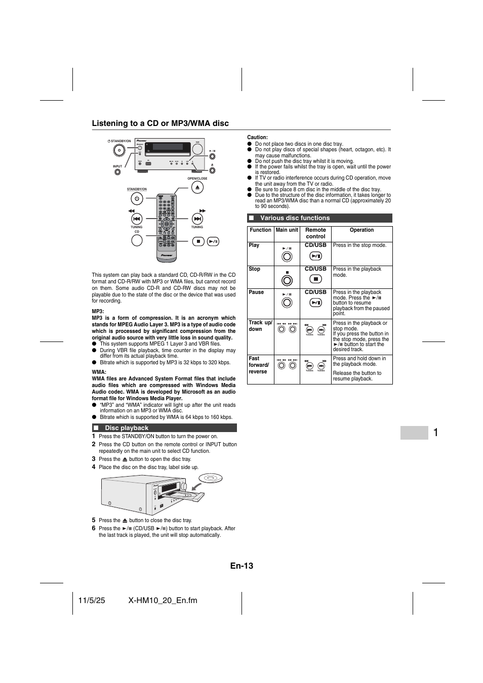 Cd or mp3/wma disc playback, Listening to a cd or mp3/wma disc, En-13 | Pioneer X-HM10-S User Manual | Page 13 / 184