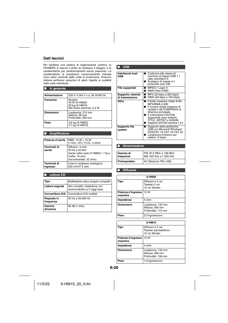 Dati tecnici, It-26 | Pioneer X-HM10-S User Manual | Page 130 / 184