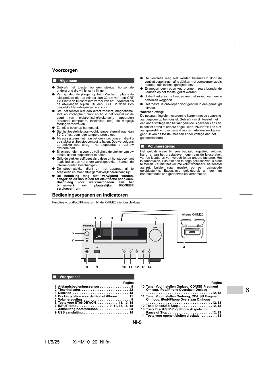Algemene informatie, Voorzorgen bedieningsorganen en indicatoren - 6, Nl-5 | Pioneer X-HM10-S User Manual | Page 135 / 184
