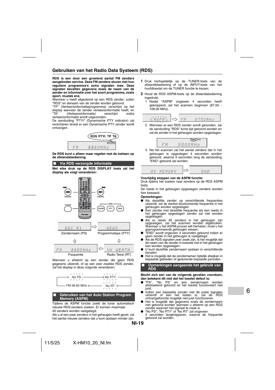 Geavanceerde mogelijkheden, Gebruiken van het radio data systeem (rds) - 21, Nl-19 | Pioneer X-HM10-S User Manual | Page 149 / 184
