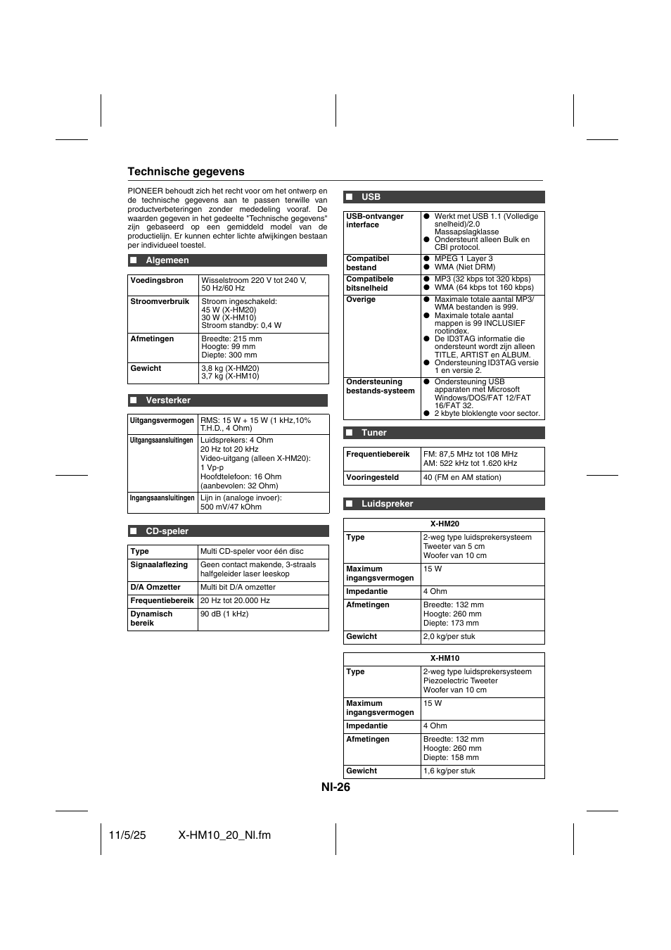Technische gegevens, Nl-26 | Pioneer X-HM10-S User Manual | Page 156 / 184
