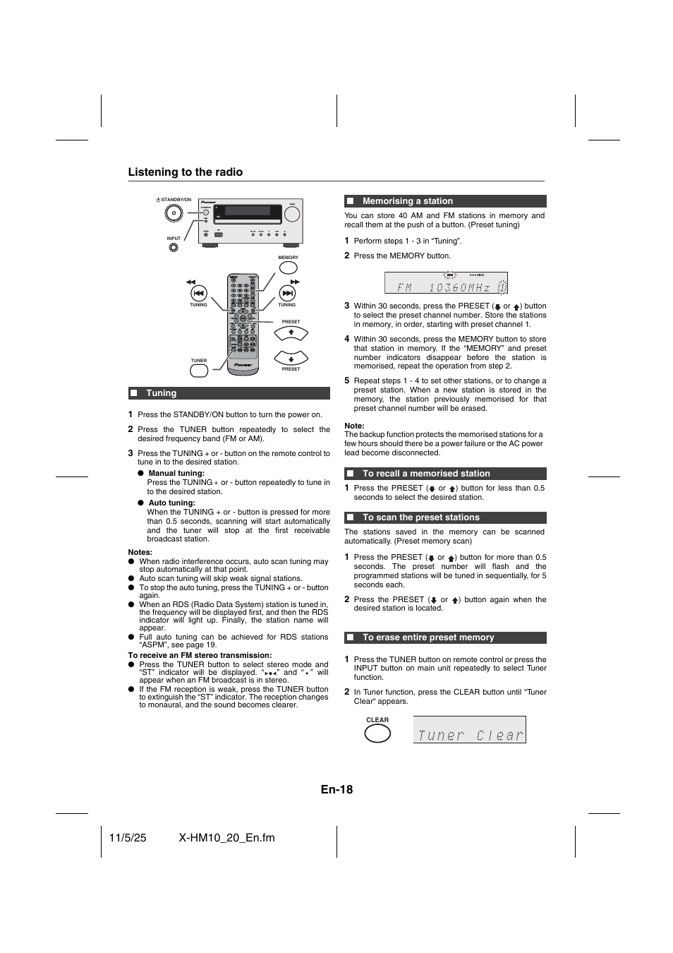 Radio, Listening to the radio, En-18 | Pioneer X-HM10-S User Manual | Page 18 / 184