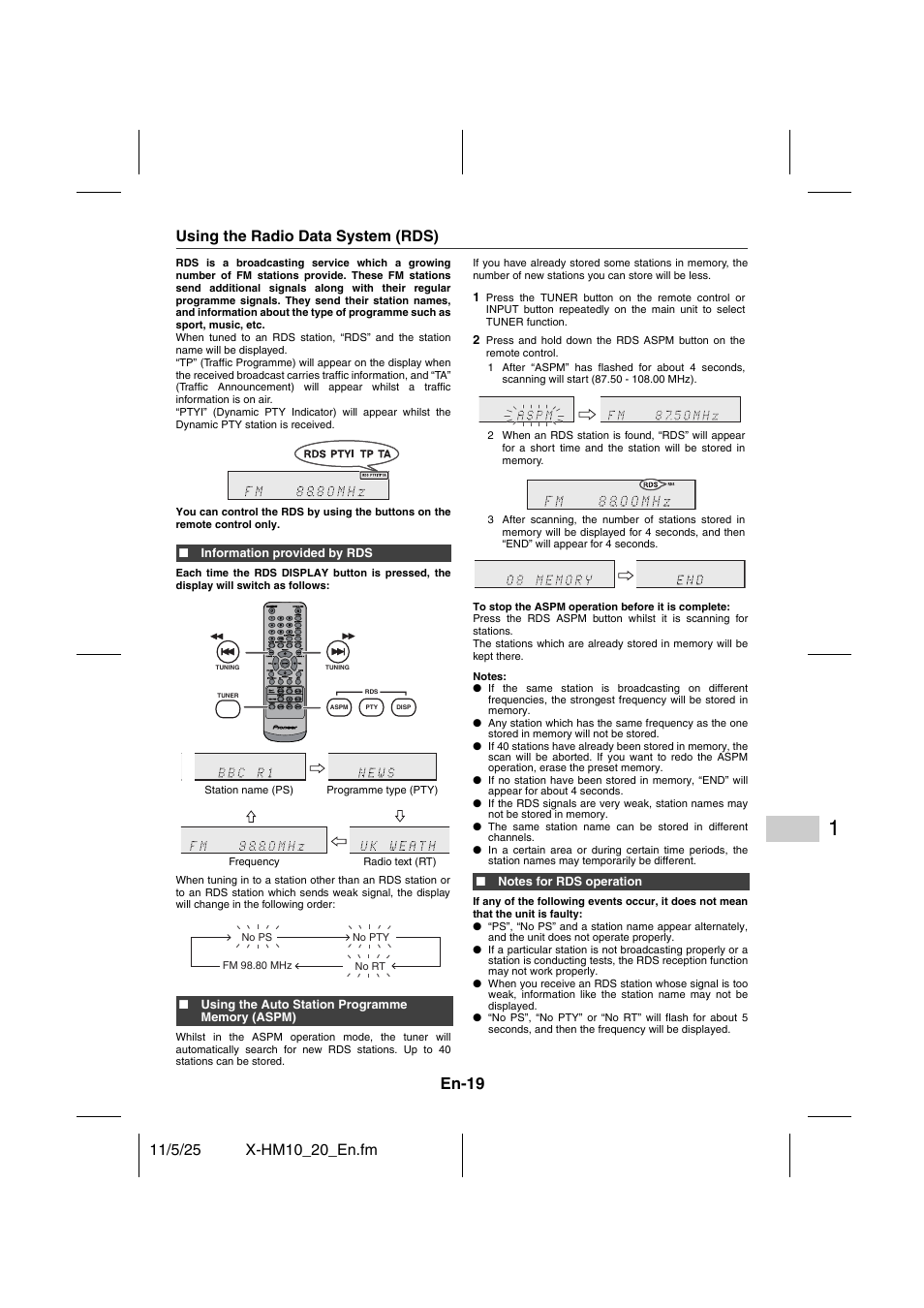 Advanced features, Using the radio data system (rds) - 21, En-19 | Pioneer X-HM10-S User Manual | Page 19 / 184