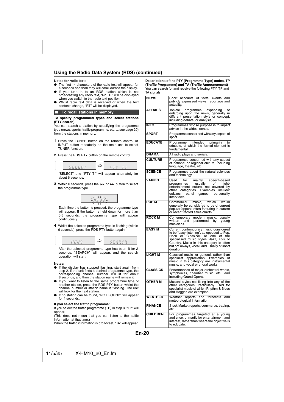 En-20, Using the radio data system (rds) (continued) | Pioneer X-HM10-S User Manual | Page 20 / 184