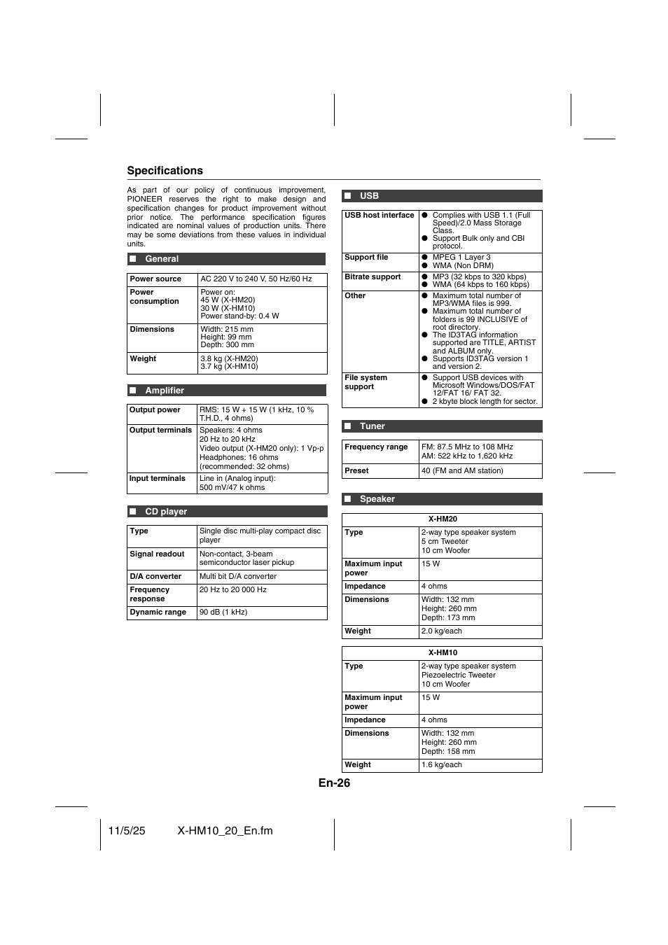 Specifications, En-26 | Pioneer X-HM10-S User Manual | Page 26 / 184