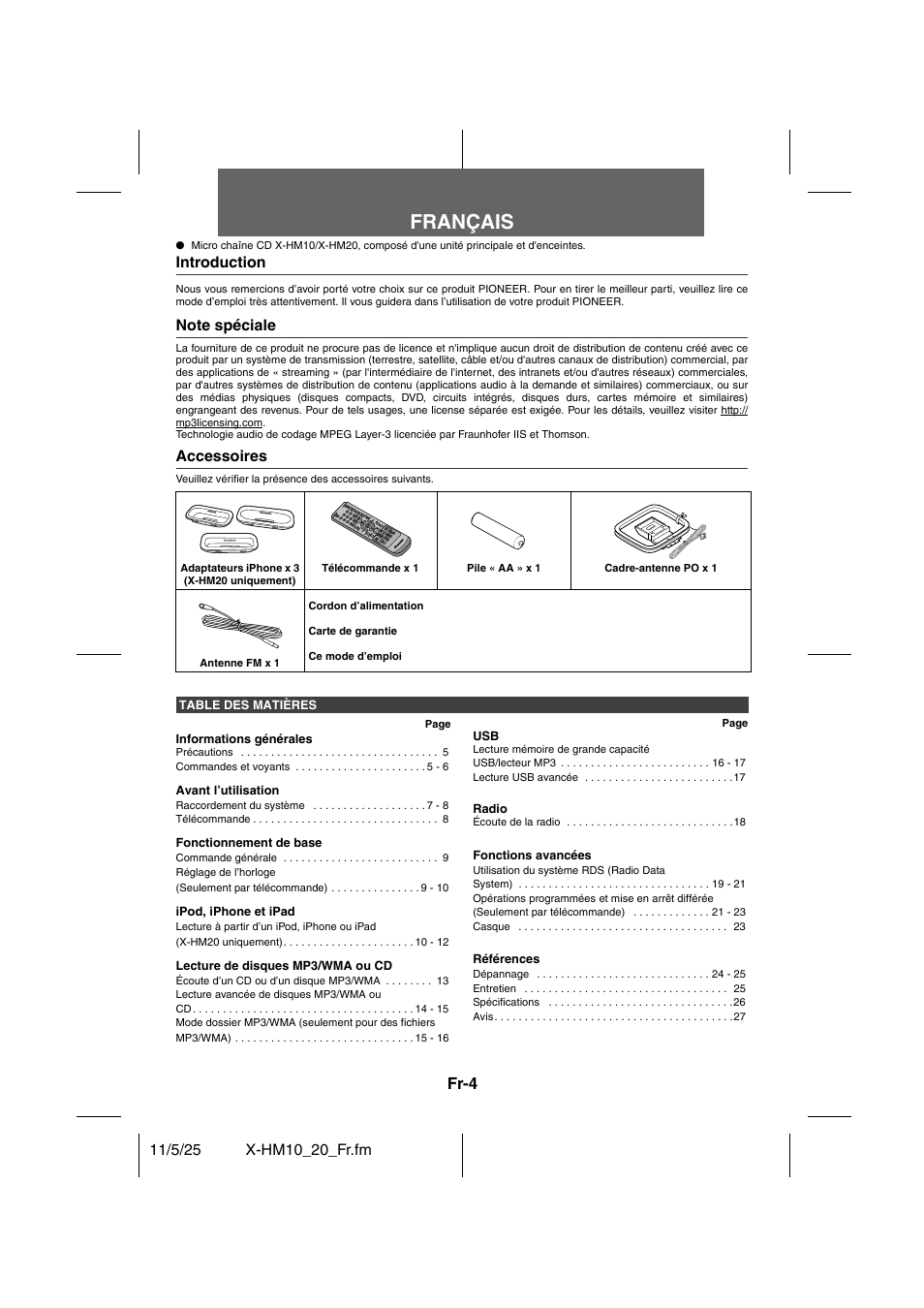 Micro chaîne cd, Français, Fr-4 | Pioneer X-HM10-S User Manual | Page 30 / 184