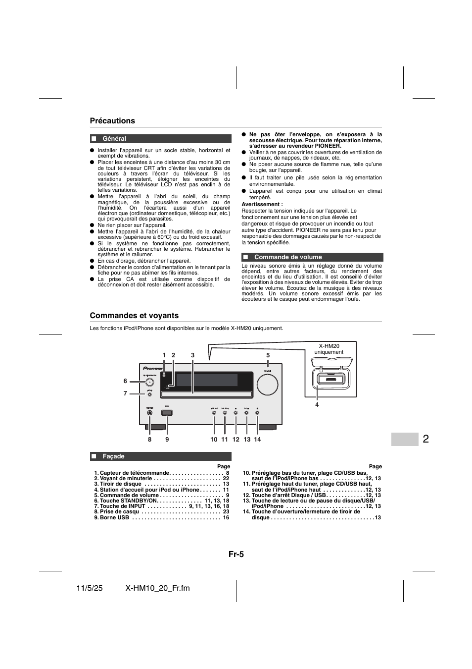 Informations générales, Précautions commandes et voyants - 6, Fr-5 | Pioneer X-HM10-S User Manual | Page 31 / 184