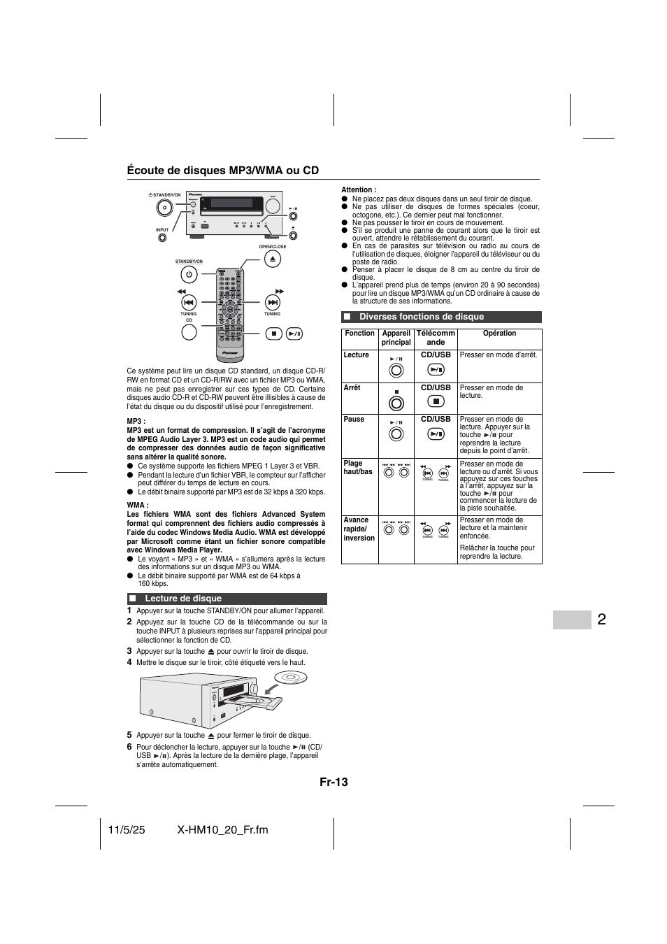 Lecture de disques mp3/wma ou cd, Écoute d’un cd ou d’un disque mp3/wma, Fr-13 | Écoute de disques mp3/wma ou cd | Pioneer X-HM10-S User Manual | Page 39 / 184