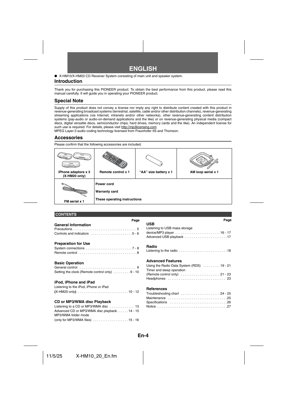 Cd receiver system, Operating instructions | mode d’emploi | bedien, English | En-4 | Pioneer X-HM10-S User Manual | Page 4 / 184