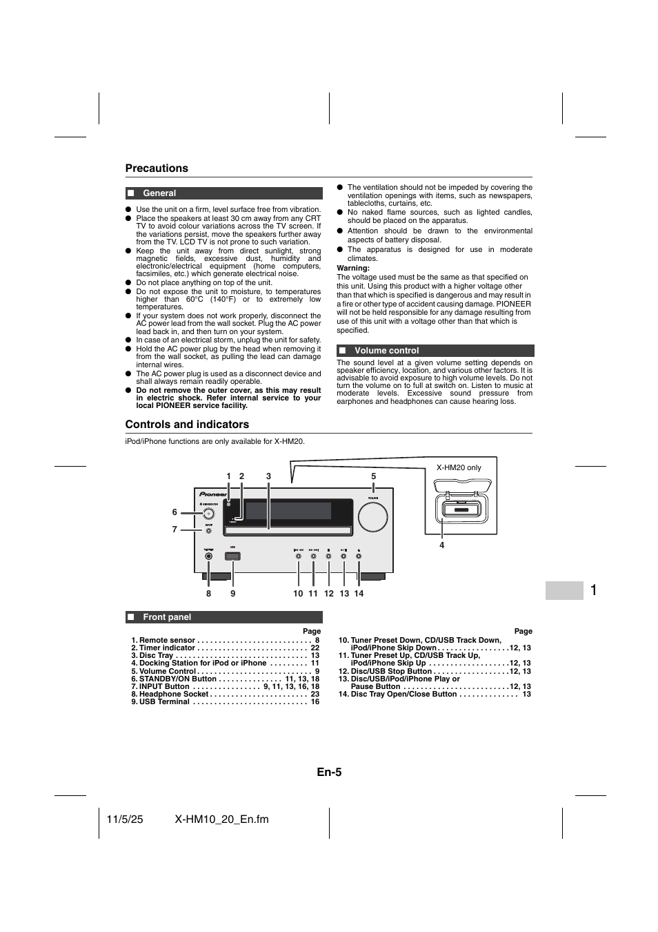 General information, Precautions controls and indicators - 6, En-5 | Pioneer X-HM10-S User Manual | Page 5 / 184