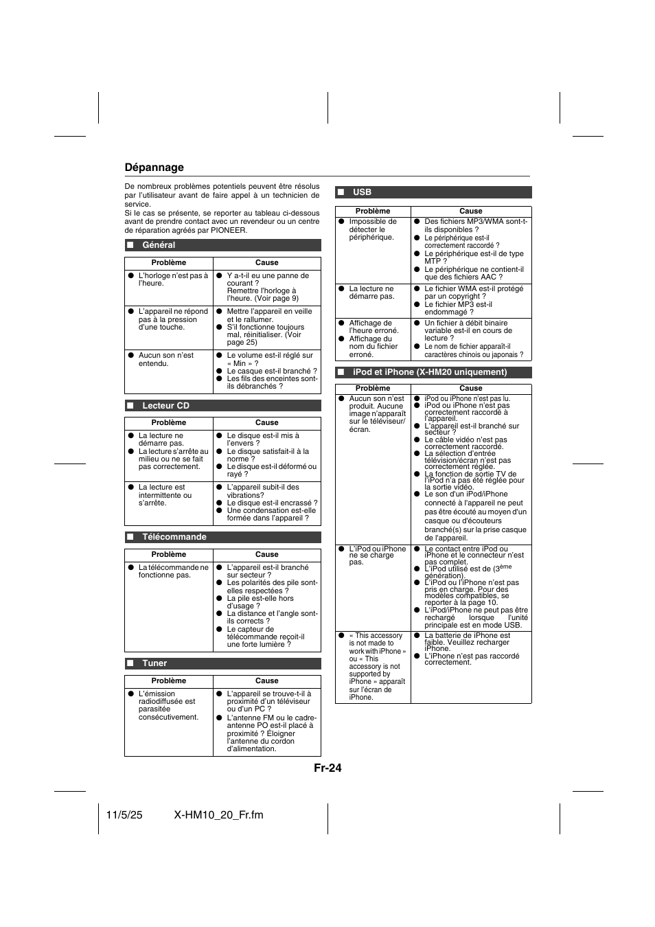 Références, Dépannage - 25, Fr-24 | Dépannage | Pioneer X-HM10-S User Manual | Page 50 / 184