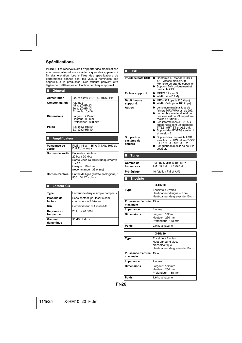 Spécifications, Fr-26 | Pioneer X-HM10-S User Manual | Page 52 / 184