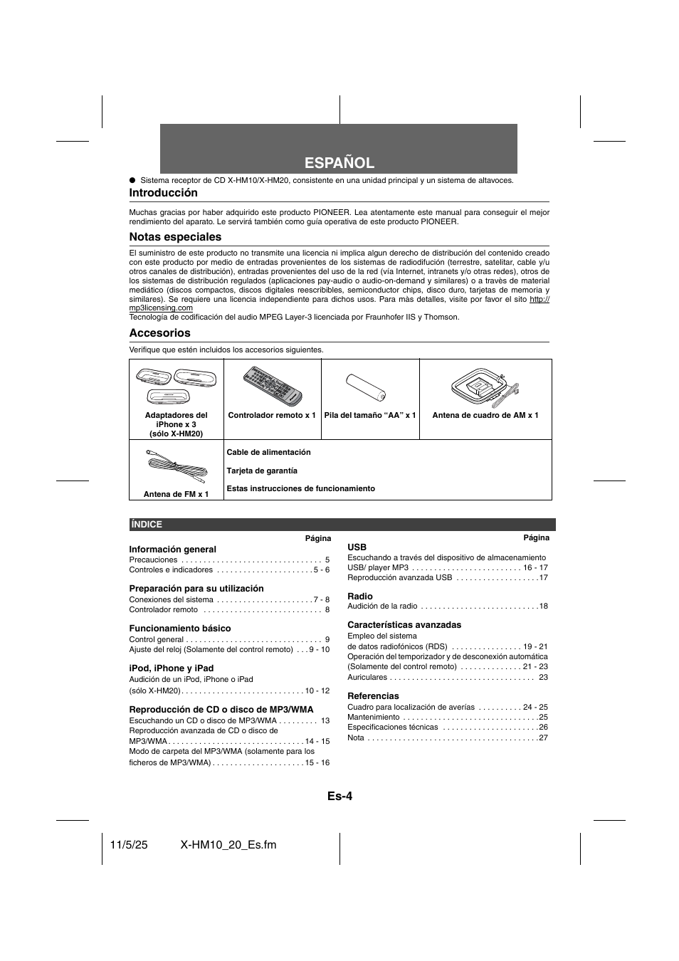 Sistema receptor de cd, Ungsanleitung, Español | Es-4 | Pioneer X-HM10-S User Manual | Page 56 / 184