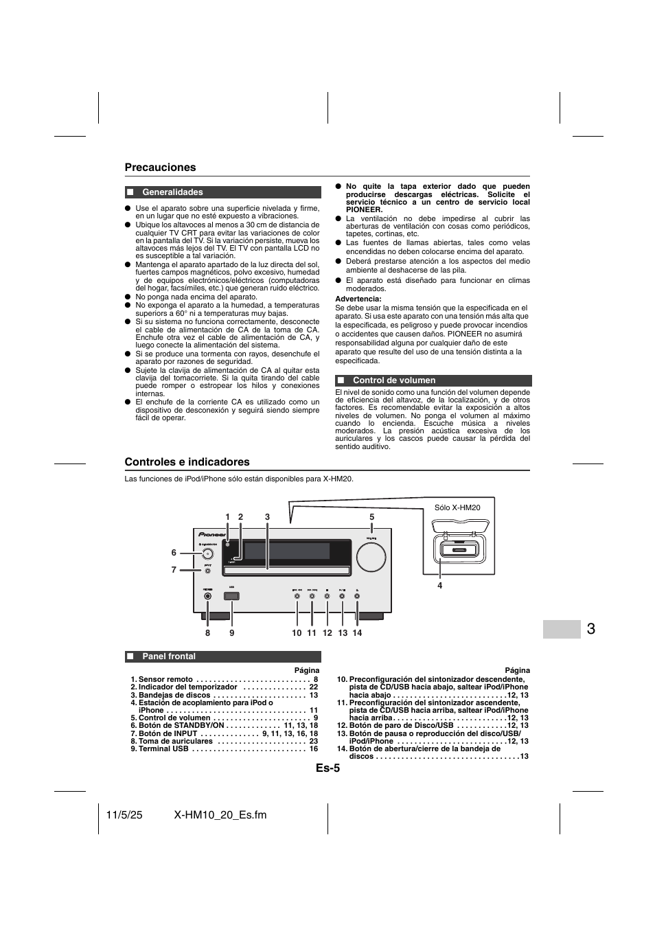 Información general, Precauciones controles e indicadores - 6, Es-5 | Pioneer X-HM10-S User Manual | Page 57 / 184