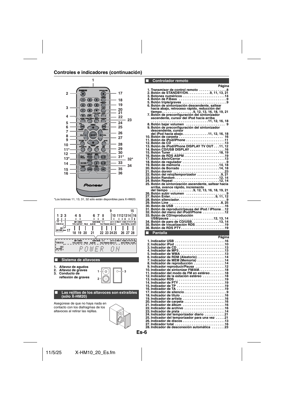 Es-6, Controles e indicadores (continuación) | Pioneer X-HM10-S User Manual | Page 58 / 184