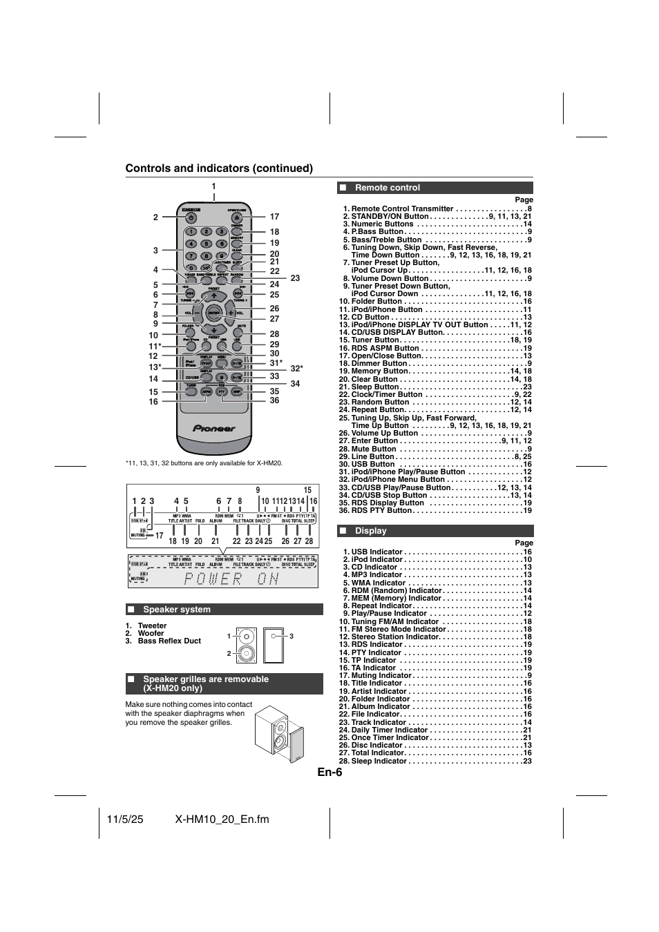En-6, Controls and indicators (continued) | Pioneer X-HM10-S User Manual | Page 6 / 184