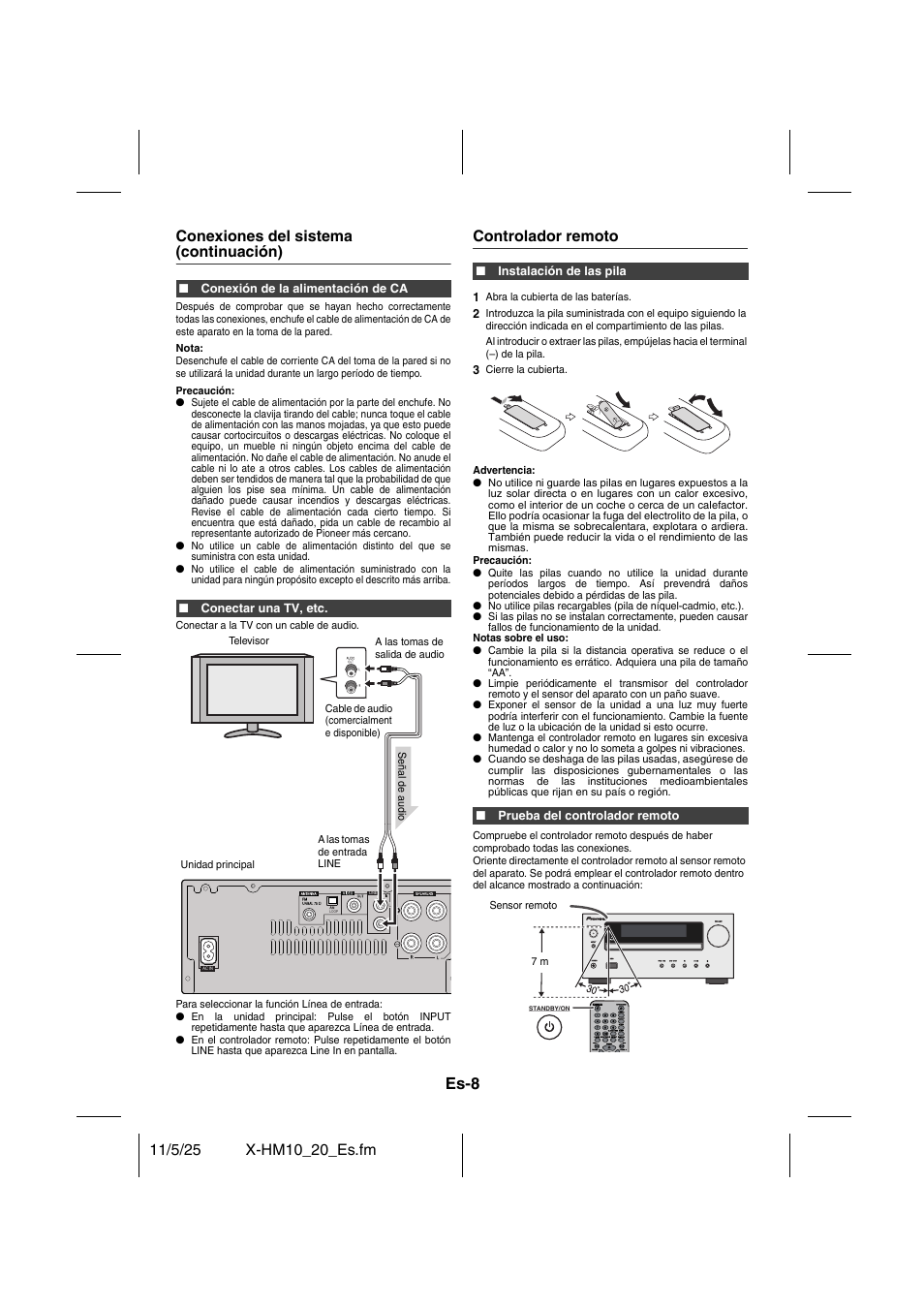 Controlador remoto, Es-8, Conexiones del sistema (continuación) | Pioneer X-HM10-S User Manual | Page 60 / 184