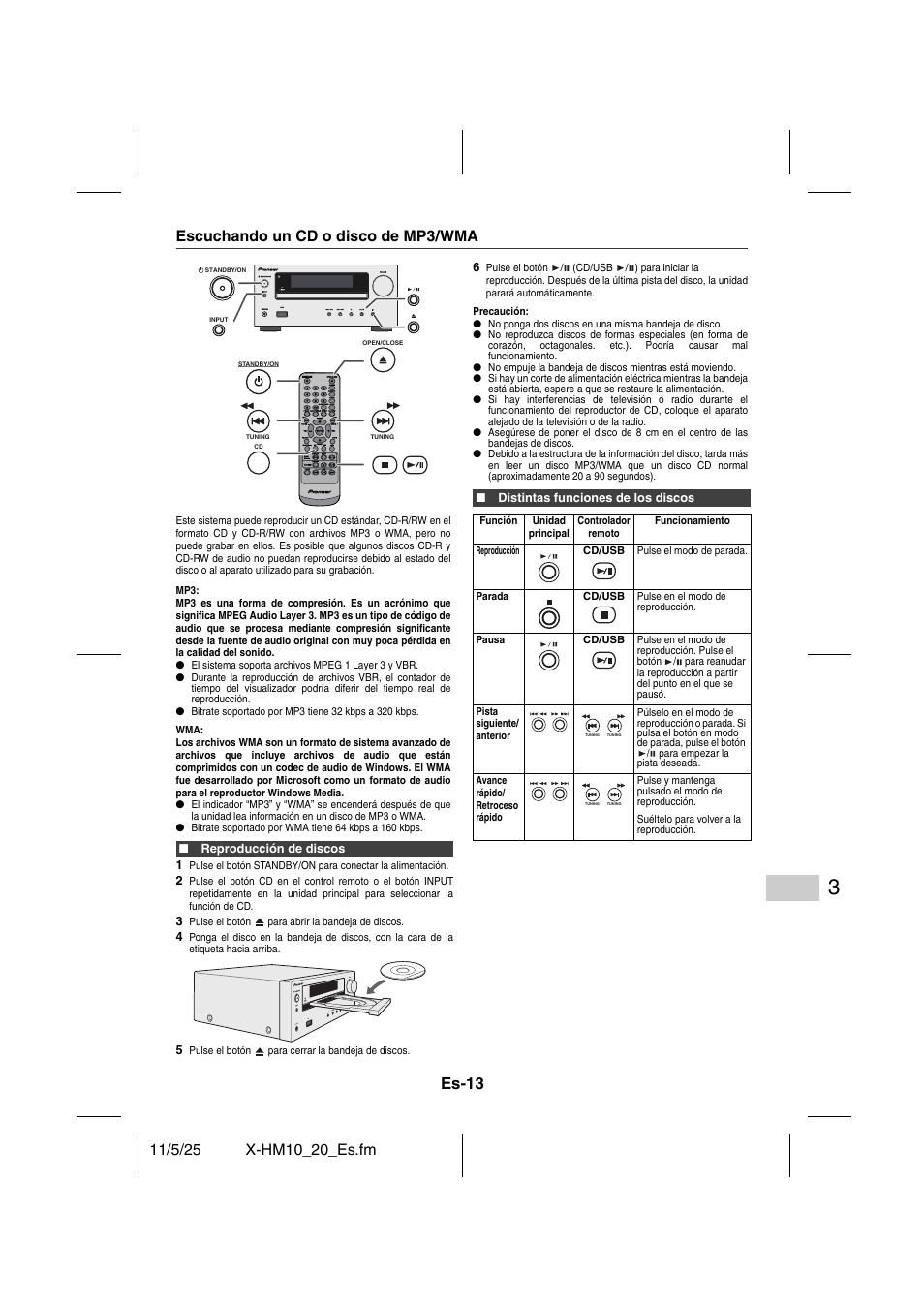 Reproducción de cd o disco de mp3/wma, Escuchando un cd o disco de mp3/wma, Es-13 | Pioneer X-HM10-S User Manual | Page 65 / 184