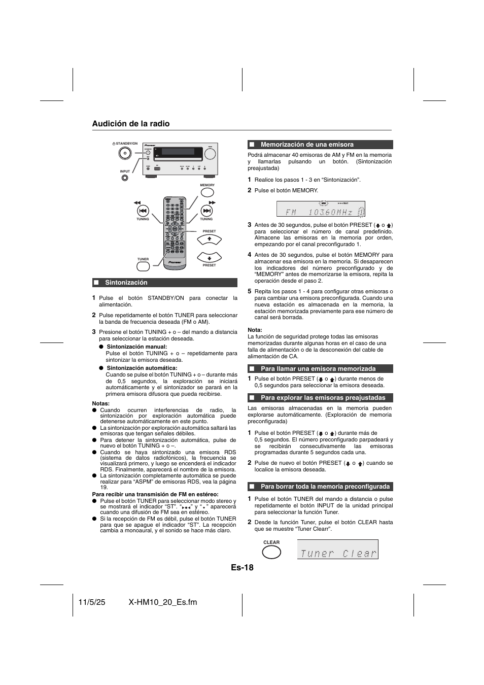 Radio, Audición de la radio, Es-18 | Pioneer X-HM10-S User Manual | Page 70 / 184