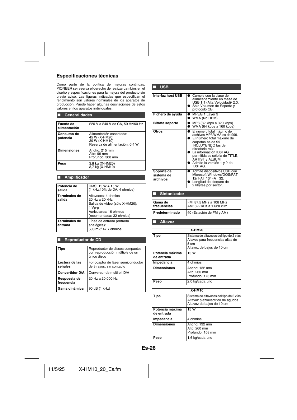 Especificaciones técnicas, Es-26 | Pioneer X-HM10-S User Manual | Page 78 / 184