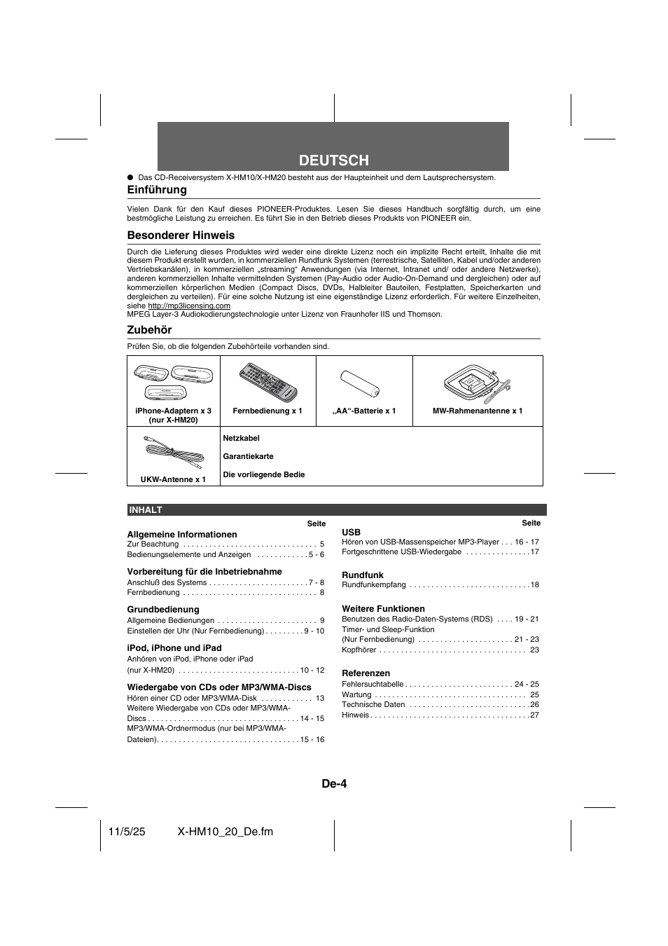 Cd-receiversystem | sistema cd con amplificatore, Istruzioni per i’uso | man, Deutsch | De-4 | Pioneer X-HM10-S User Manual | Page 82 / 184