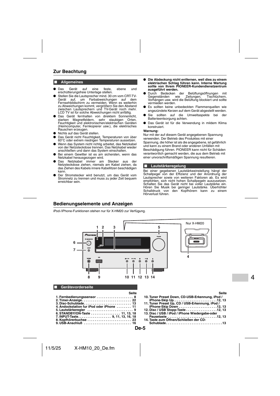 Allgemeine informationen, Zur beachtung bedienungselemente und anzeigen - 6, De-5 | Pioneer X-HM10-S User Manual | Page 83 / 184