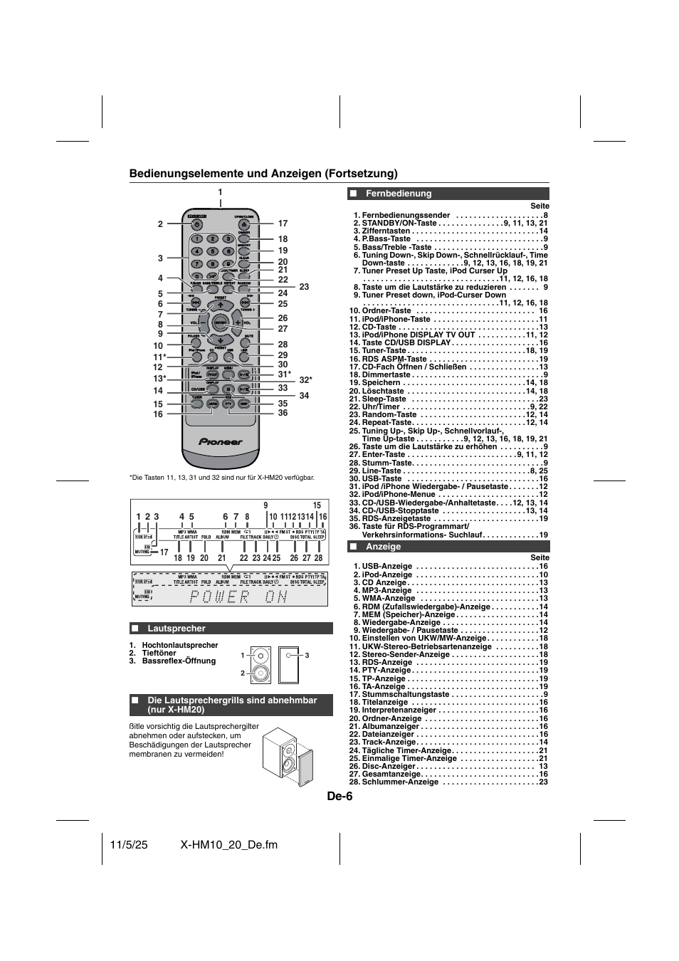 De-6, Bedienungselemente und anzeigen (fortsetzung) | Pioneer X-HM10-S User Manual | Page 84 / 184