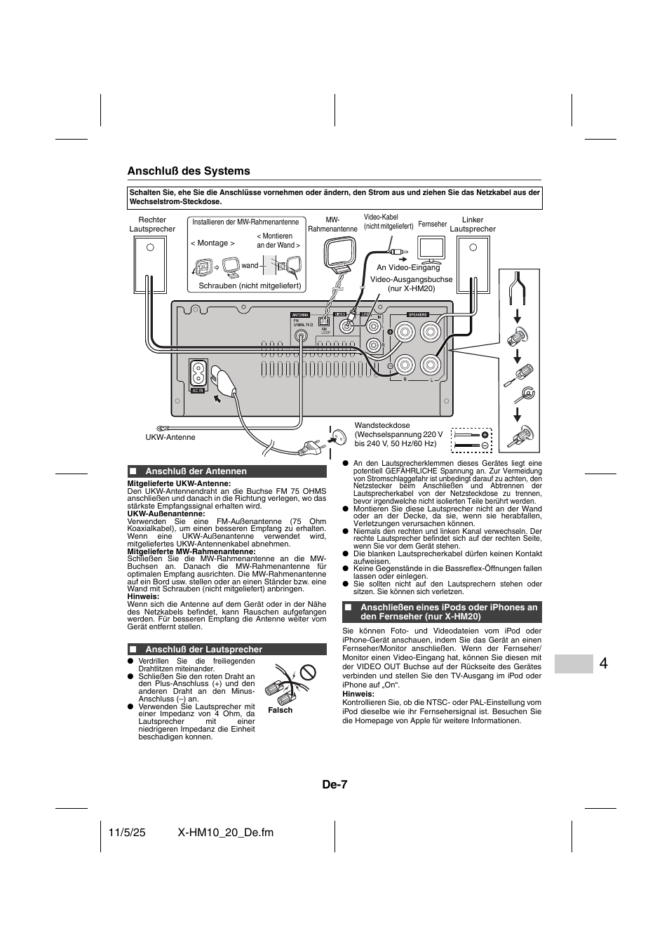 Vorbereitung für die inbetriebnahme, Anschluß des systems - 8, De-7 | Pioneer X-HM10-S User Manual | Page 85 / 184
