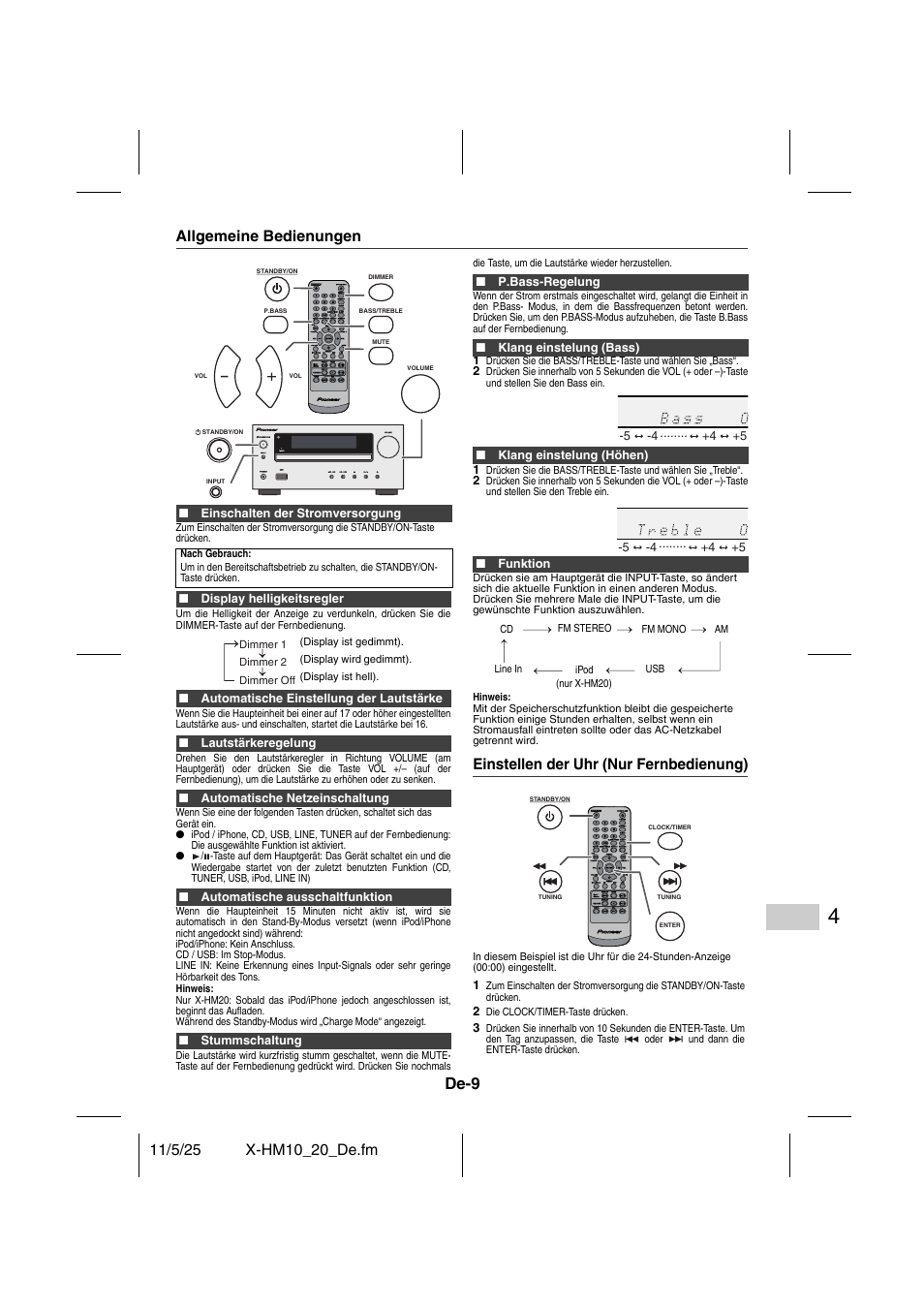 Grundbedienung, De-9 | Pioneer X-HM10-S User Manual | Page 87 / 184