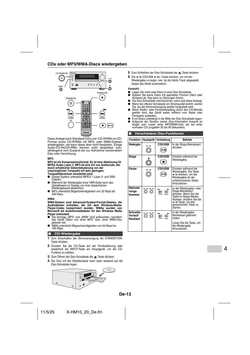 Wiedergabe von cds oder mp3/wma-discs, Hören einer cd oder mp3/wma-disk, De-13 | Cds oder mp3/wma-discs wiedergeben | Pioneer X-HM10-S User Manual | Page 91 / 184