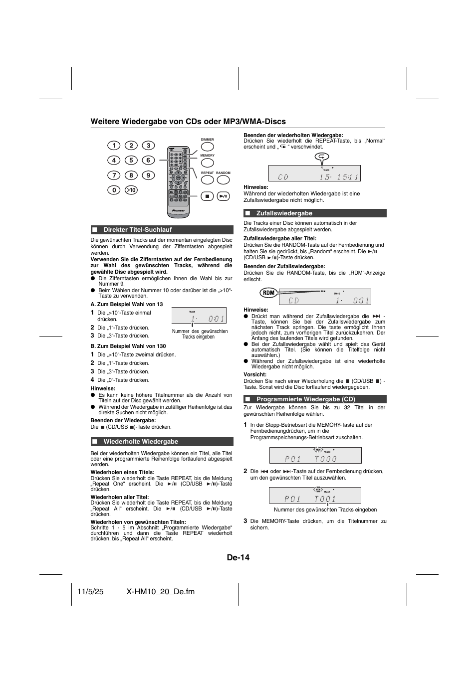 De-14, Weitere wiedergabe von cds oder mp3/wma-discs | Pioneer X-HM10-S User Manual | Page 92 / 184