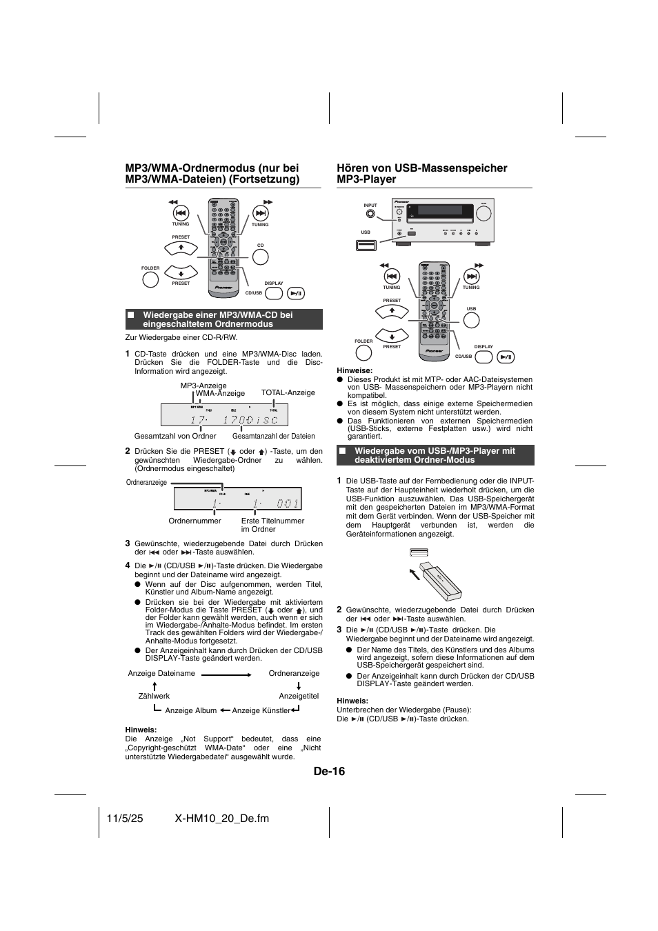 Hören von usb-massenspeicher mp3-player - 17, De-16, Hören von usb-massenspeicher mp3-player | Pioneer X-HM10-S User Manual | Page 94 / 184