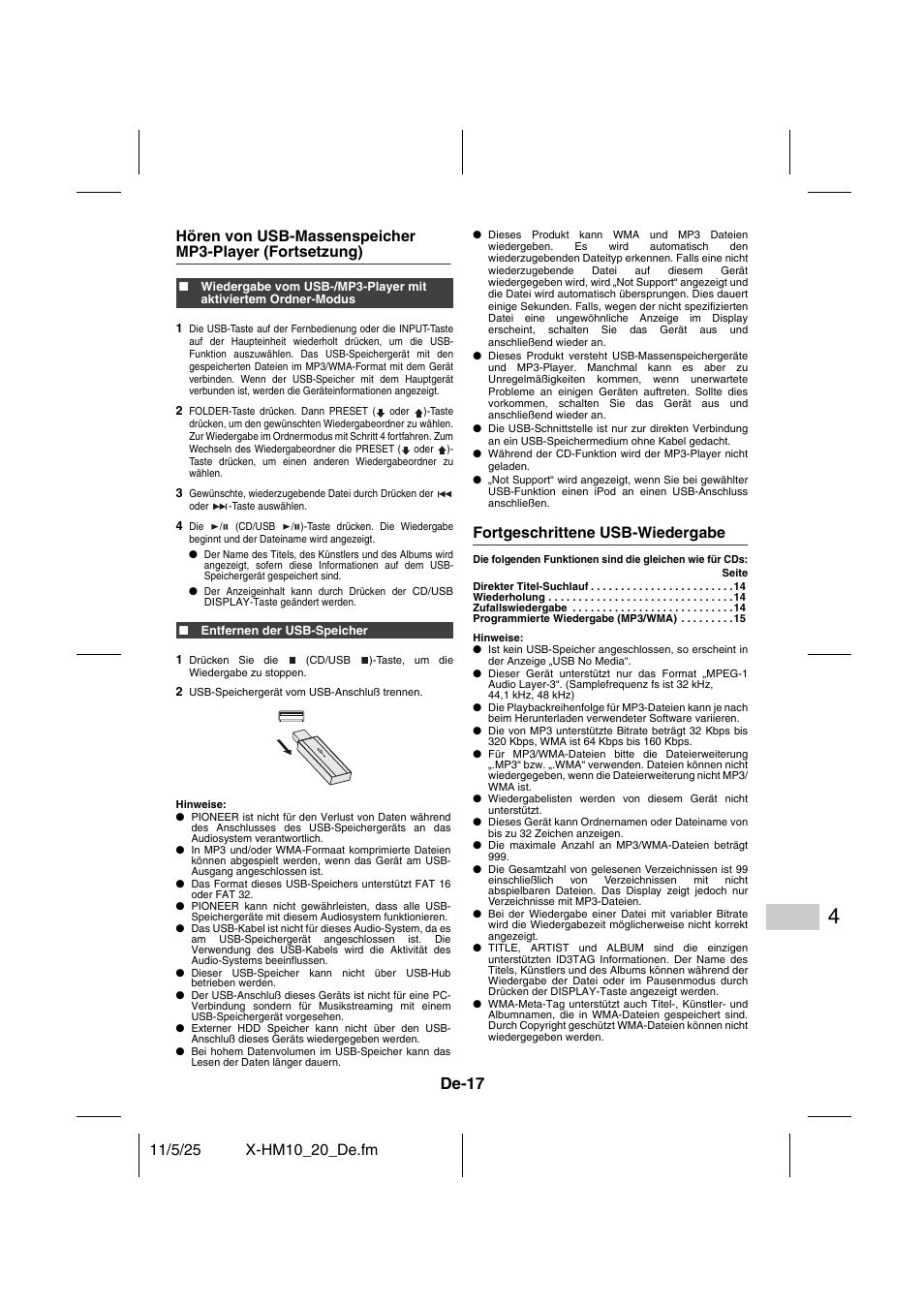 Fortgeschrittene usb-wiedergabe, De-17 | Pioneer X-HM10-S User Manual | Page 95 / 184