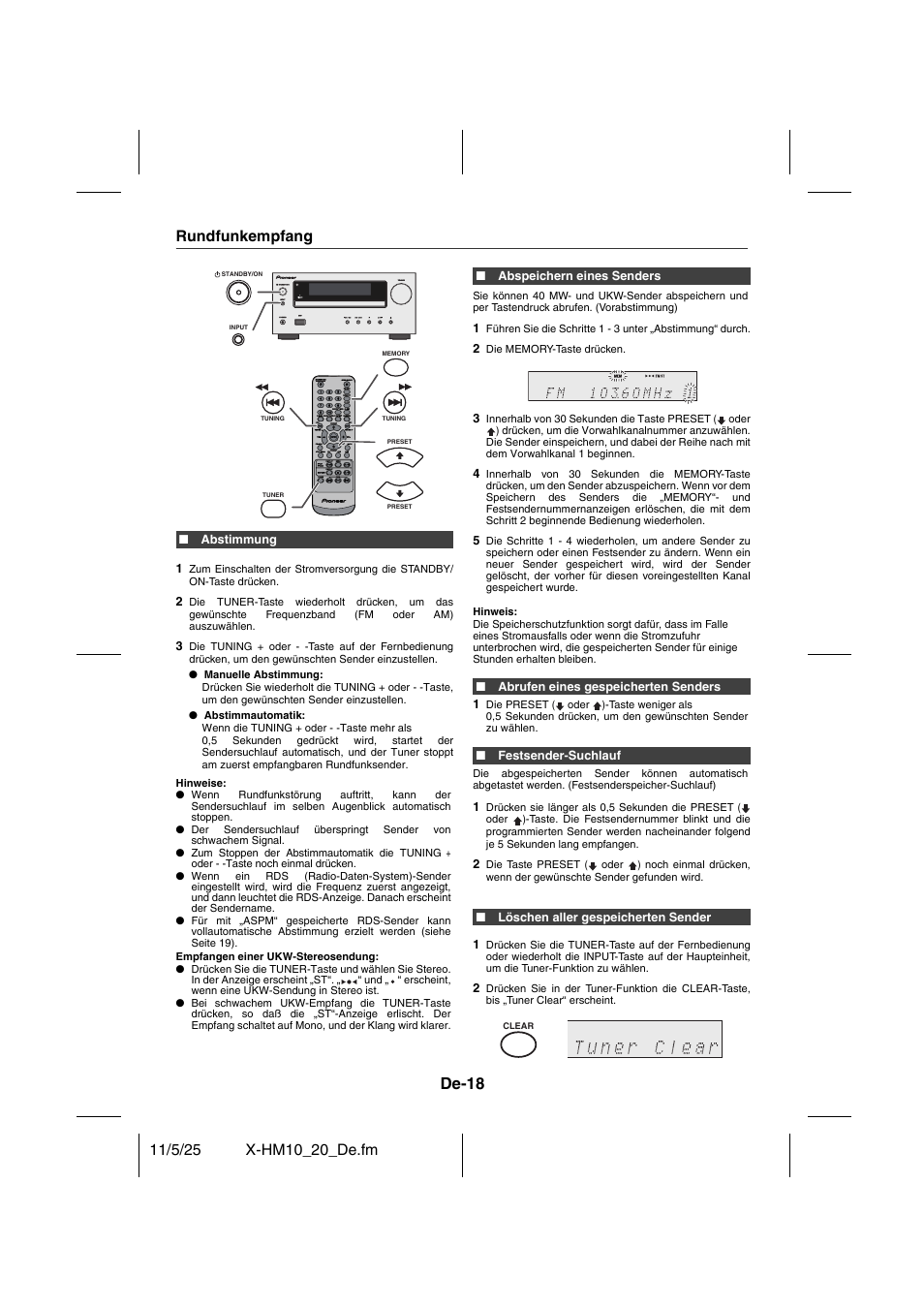 Rundfunk, Rundfunkempfang, De-18 | Pioneer X-HM10-S User Manual | Page 96 / 184