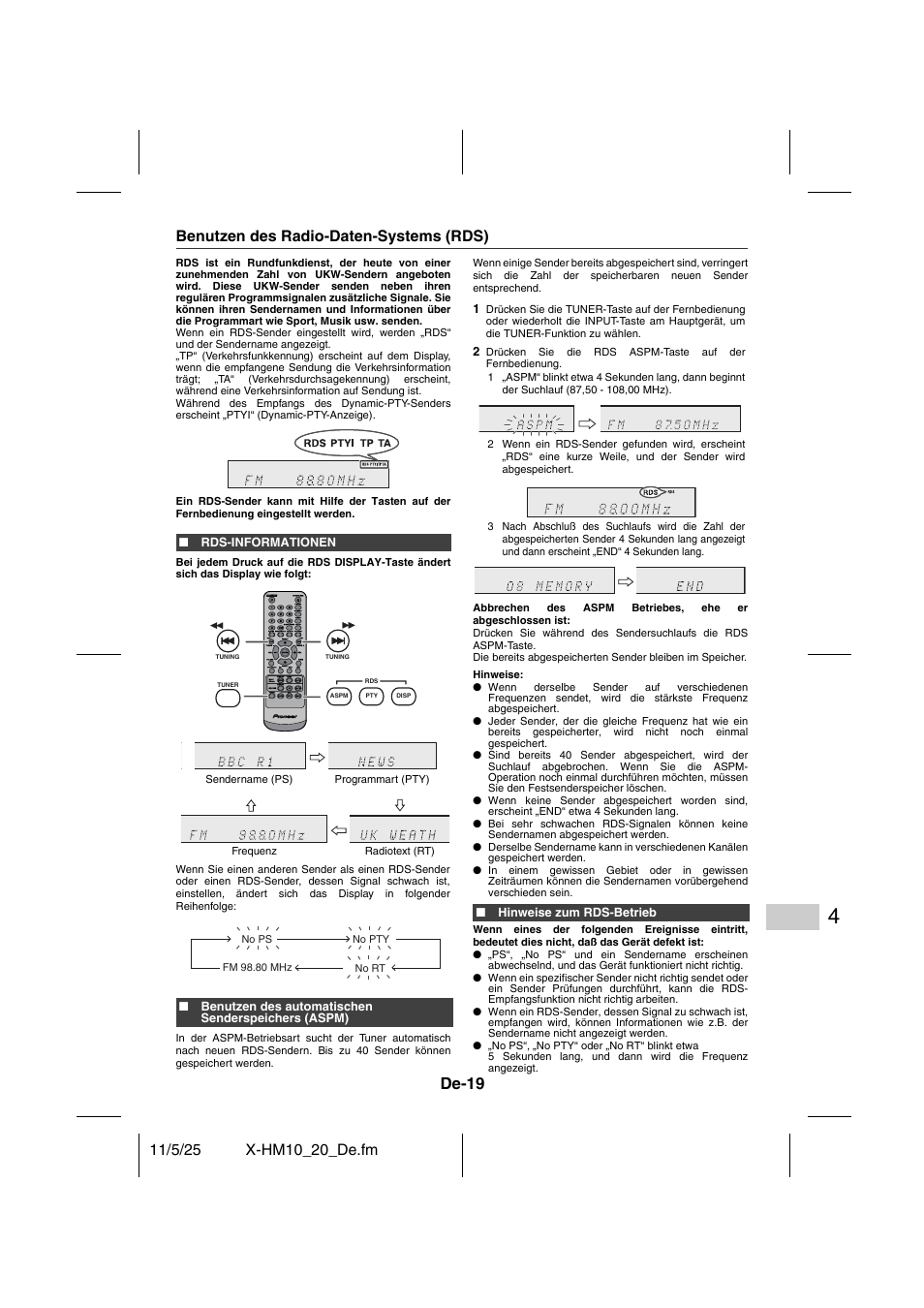 Weitere funktionen, Benutzen des radio-daten-systems (rds) - 21, De-19 | Pioneer X-HM10-S User Manual | Page 97 / 184