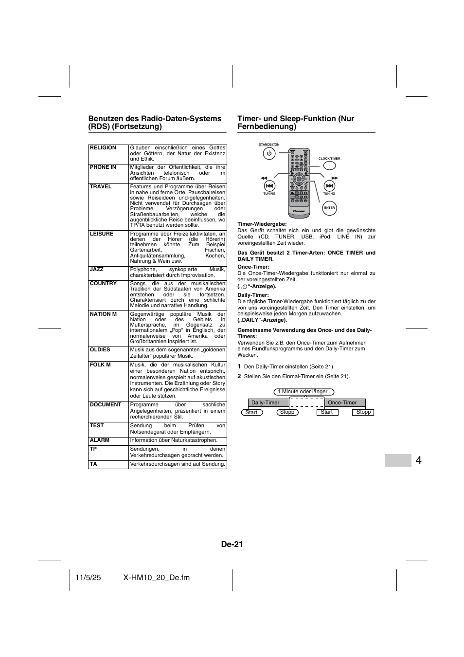 Timer- und sleep-funktion (nur fernbedienung) - 23, De-21 | Pioneer X-HM10-S User Manual | Page 99 / 184