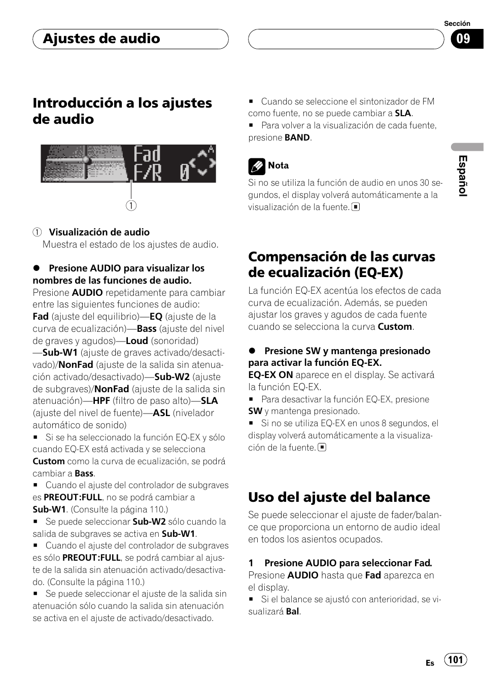 Ajustes de audio, Introducción a los ajustes de audio 101, Compensación de las curvas de ecualización | Eq-ex) 101, Uso del ajuste del balance 101, Compensación de las curvas de, Introducción a los ajustes de audio, Compensación de las curvas de ecualización (eq-ex), Uso del ajuste del balance | Pioneer DEH-P6800MP User Manual | Page 101 / 123