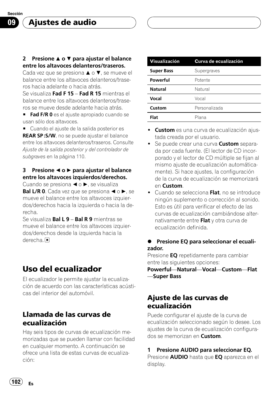 Uso del ecualizador 102, Llamada de las curvas de, Ecualización 102 | Ajuste de las curvas de, Uso del ecualizador, Ajustes de audio, Llamada de las curvas de ecualización, Ajuste de las curvas de ecualización | Pioneer DEH-P6800MP User Manual | Page 102 / 123