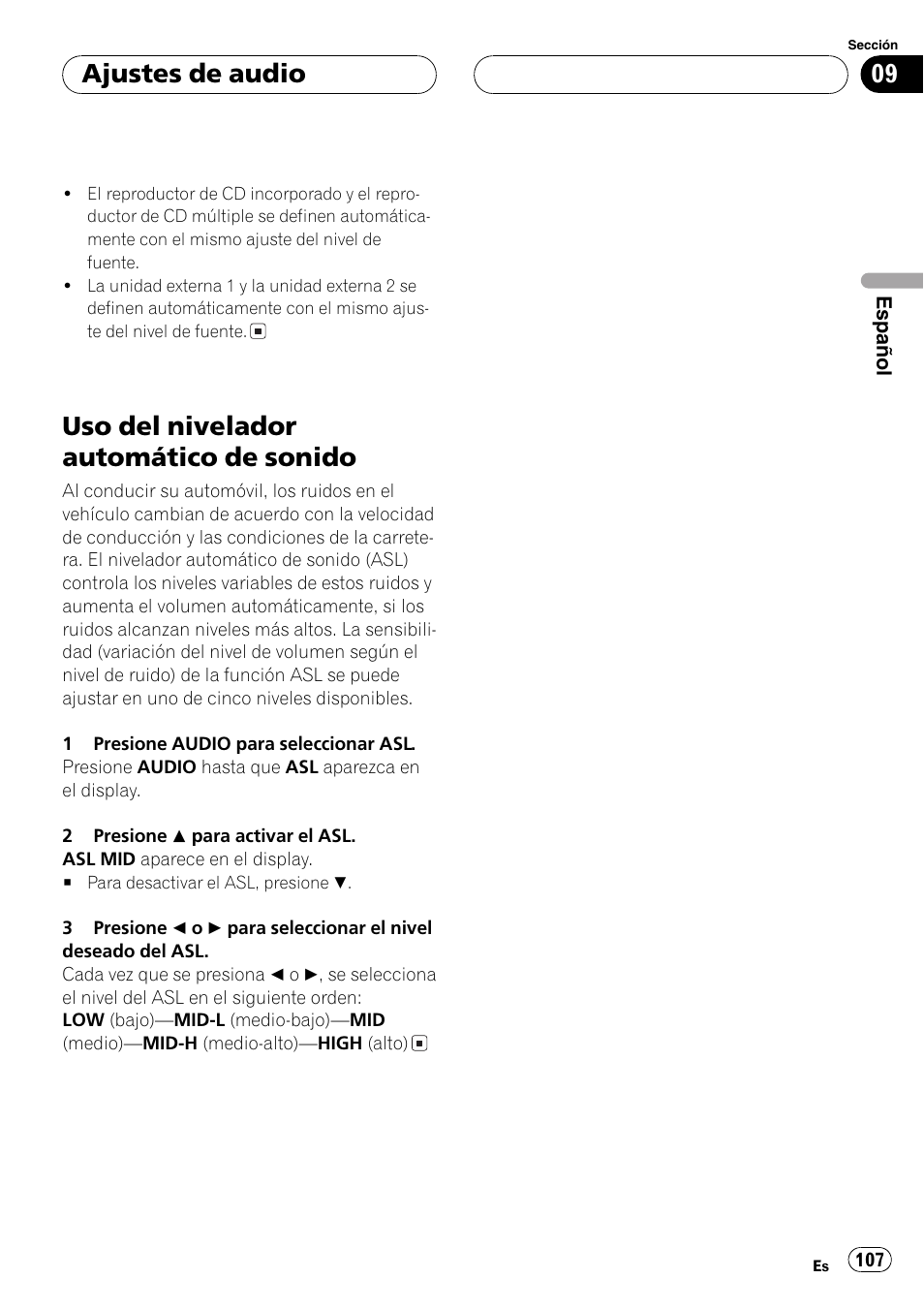Uso del nivelador automático de sonido 107, Uso del nivelador automático de sonido, Ajustes de audio | Pioneer DEH-P6800MP User Manual | Page 107 / 123
