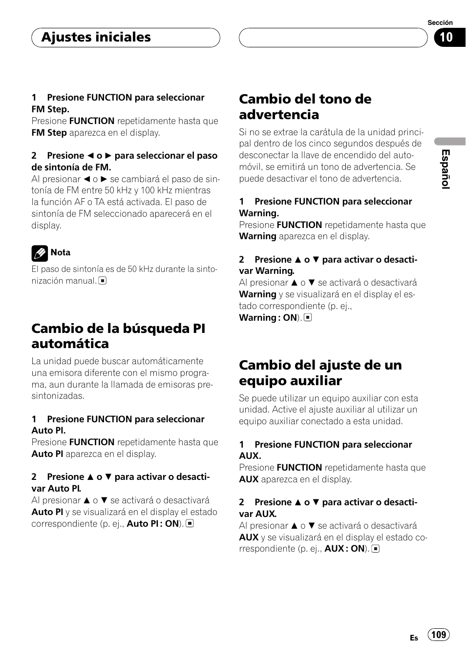 Cambio de la búsqueda pi automática 109, Cambio del tono de advertencia 109, Cambio del ajuste de un equipo | Auxiliar 109, Cambio de la búsqueda pi automática, Cambio del tono de advertencia, Cambio del ajuste de un equipo auxiliar, Ajustes iniciales | Pioneer DEH-P6800MP User Manual | Page 109 / 123