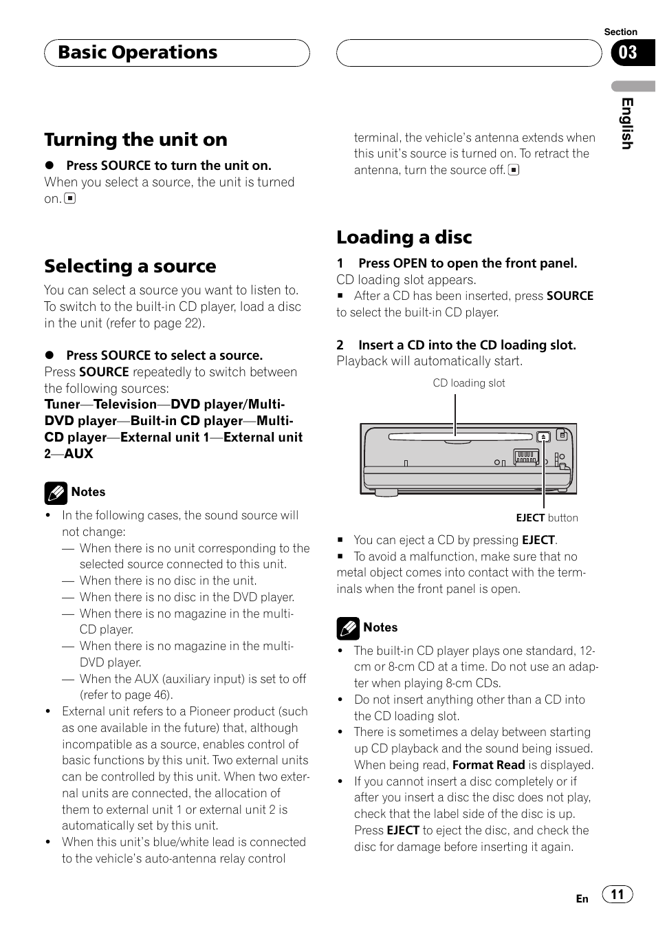 Turning the unit on, Selecting a source, Loading a disc | Basic operations | Pioneer DEH-P6800MP User Manual | Page 11 / 123