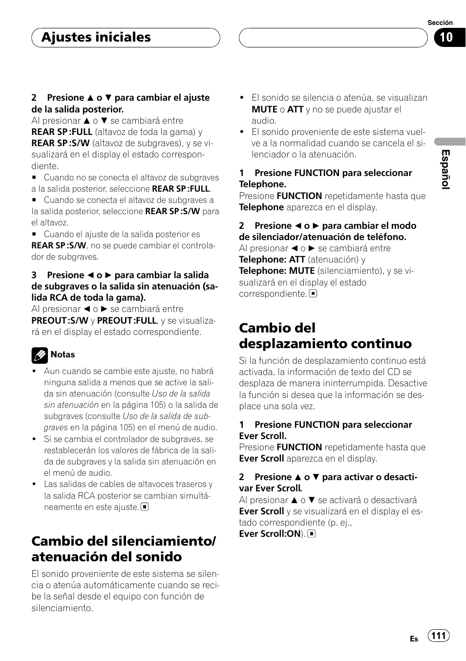 Cambio del silenciamiento/atenuación del, Sonido 111, Cambio del desplazamiento continuo 111 | Cambio del silenciamiento/ atenuación del sonido, Cambio del desplazamiento continuo, Ajustes iniciales | Pioneer DEH-P6800MP User Manual | Page 111 / 123