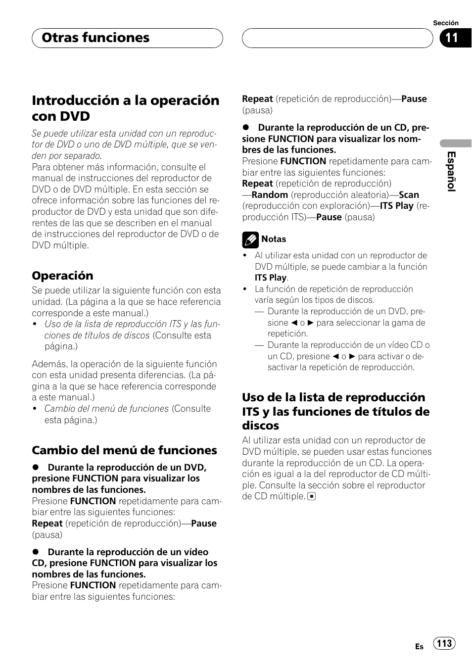 Introducción a la operación con dvd 113, Operación 113, Cambio del menú de funciones 113 | Uso de la lista de reproducción its y, Las funciones de títulos de discos 113, Introducción a la operación con dvd, Otras funciones, Operación, Cambio del menú de funciones | Pioneer DEH-P6800MP User Manual | Page 113 / 123