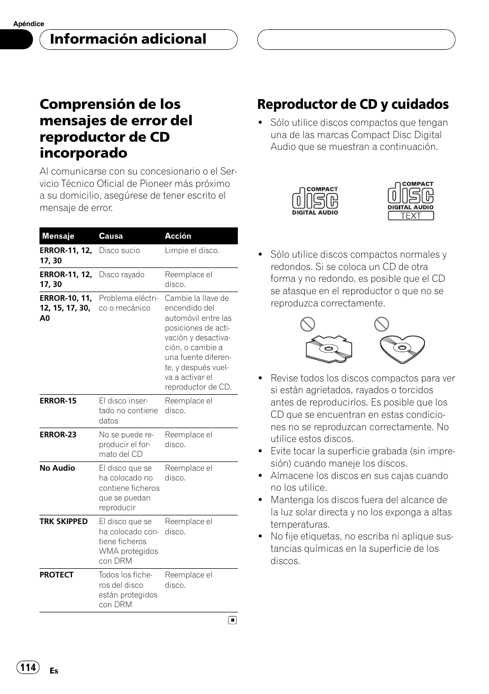 Información adicional, Comprensión de los mensajes de error del, Reproductor de cd incorporado 114 | Reproductor de cd y cuidados 114, Reproductor de cd y cuidados | Pioneer DEH-P6800MP User Manual | Page 114 / 123