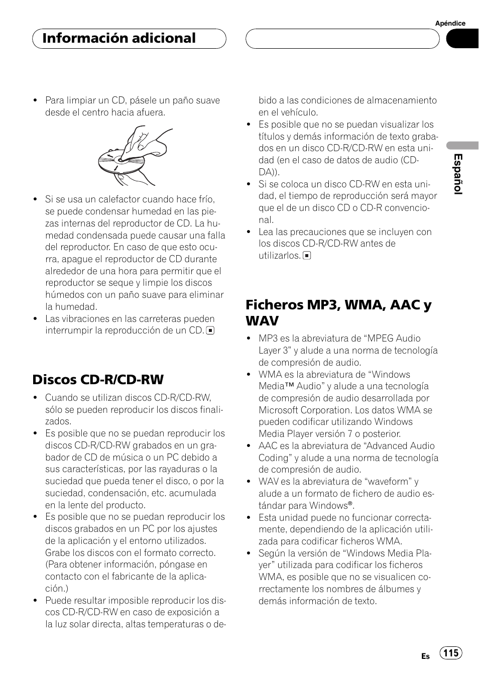 Discos cd-r/cd-rw 115, Ficheros mp3, wma, aac y wav 115, Discos cd-r/cd-rw | Ficheros mp3, wma, aac y wav, Información adicional | Pioneer DEH-P6800MP User Manual | Page 115 / 123