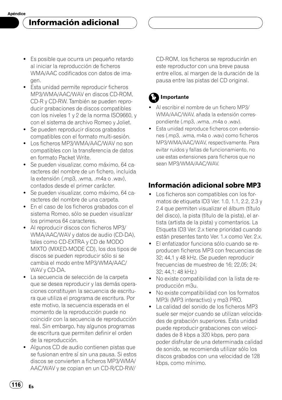 Información adicional sobre, Mp3 116, Información adicional | Información adicional sobre mp3 | Pioneer DEH-P6800MP User Manual | Page 116 / 123
